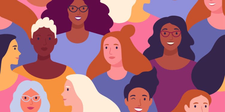 Vector seamless pattern with multinational diverse group of women in trendy cartoon flat style.